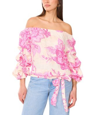 Vince Camuto Women's Floral Linen-Blend Off-The-Shoulder Bubble 3/4-Sleeve Tie-Front Blouse - Mac... | Macy's