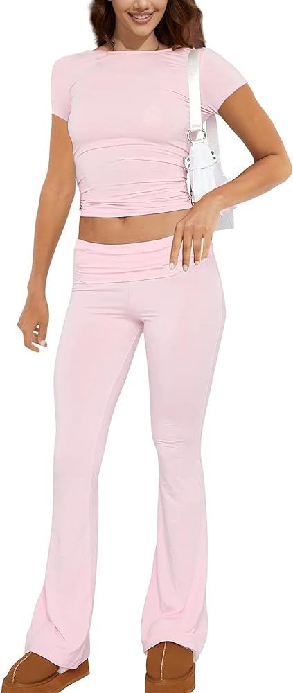 Women's 2 Piece Lounge Sets Fold-over Flare Pants Set Short Sleeve Cropped Top Casual Outfits Paj... | Amazon (US)