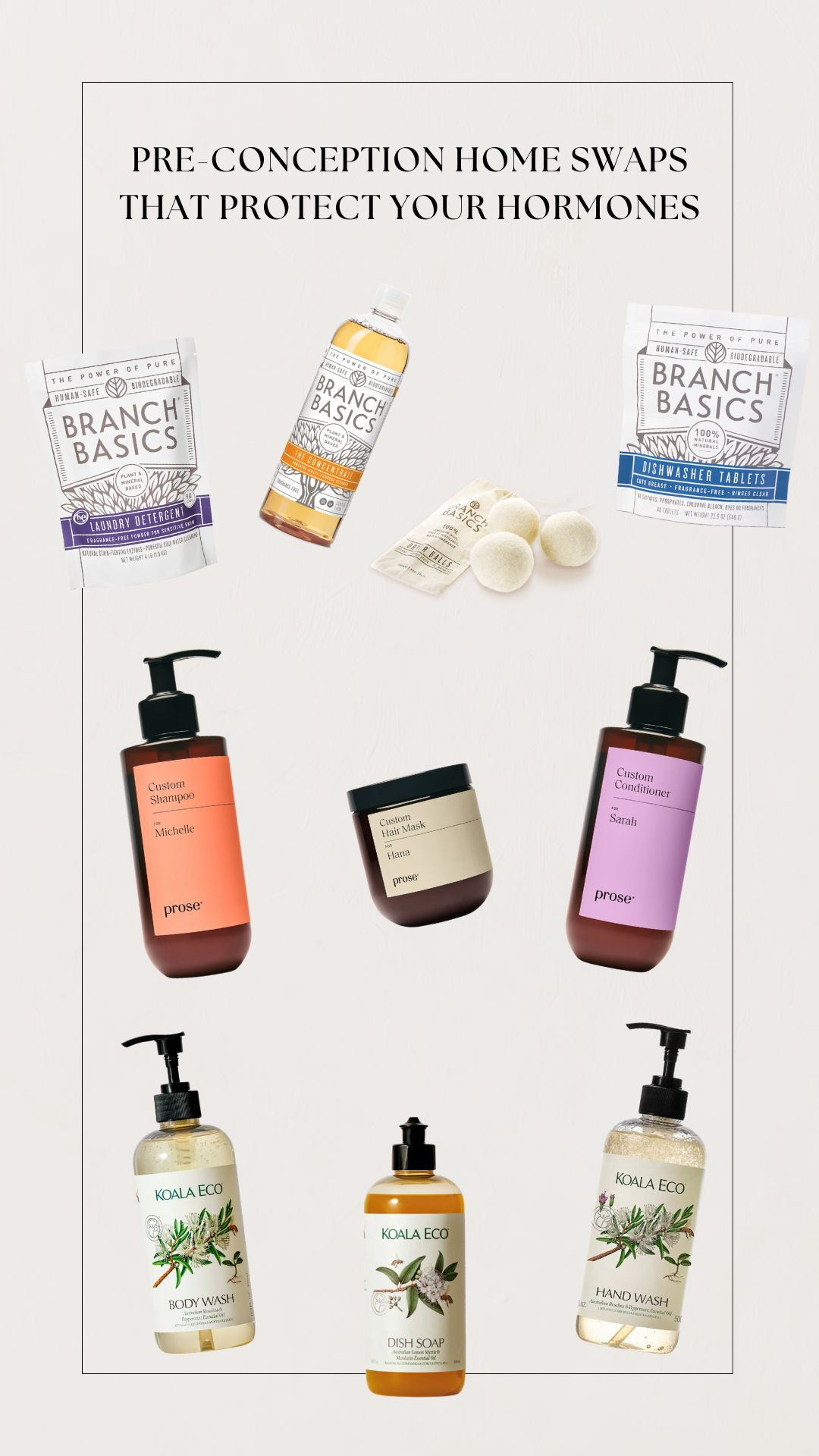 Small swaps that make a big difference 🩵
I’ve been changing a few home + beauty essentials for my pre-conception journey, and these are the ones I truly loved (and kept using).

🧺 Laundry: Branch Basics Concentrate + wool dryer balls
🌿 Hand & Body Wash: Koala Eco (essential oil–based, not synthetic)
🧽 Dish + All-Purpose Cleaner: Branch Basics — gentle, fragrance-free, and safe for food surfaces
💆‍♀️ Hair Care: Prose — custom formulas, no allergens or harsh ingredients

You don’t need to replace everything overnight — just start with what feels doable ✨

Shop everything here 🤍👇
#cleanliving #preconception #ltkhome #ltkfinds 

 #LTKHome #LTKFindsUnder50 #LTKBump