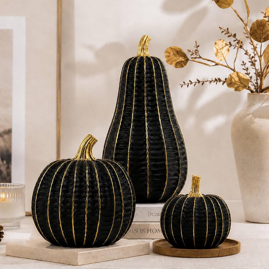 Parsin 3 Pcs Black Gold Pumpkin Decor, Fall Decorations for Home | Amazon (US)