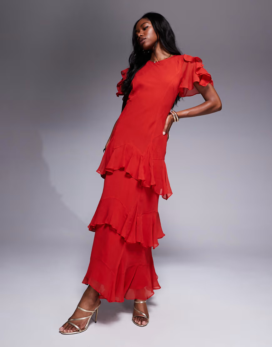 ASOS DESIGN ruffle chiffon maxi dress in dusky red-Multi | ASOS (Global)