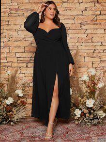 SHEIN Belle Plus Sweetheart Neck Lantern Sleeve Split Thigh Chiffon Bridesmaid Dress SKU: sn22072... | SHEIN