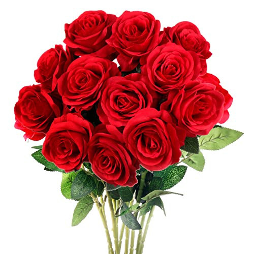 Mocoosy 12PCS Red Roses Artificial Flowers, Fake Roses with Long Stems Realistic Silk Rose Bouquets for Wedding Valentines Day Decorations, Faux Floral Arrangement Bridal Shower Party Home Table Decor | Amazon (US)