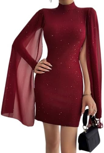 Womens 2025 Fall Mock Neck Mesh Sheer Long Sleeve Sparkly Knit Bodycon Mini Homecoming Dress with... | Amazon (US)
