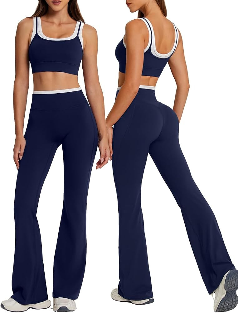 OMKAGI Layered Workout Sets for Women Flare Leggings U Back Pilates Outfits | Amazon (US)