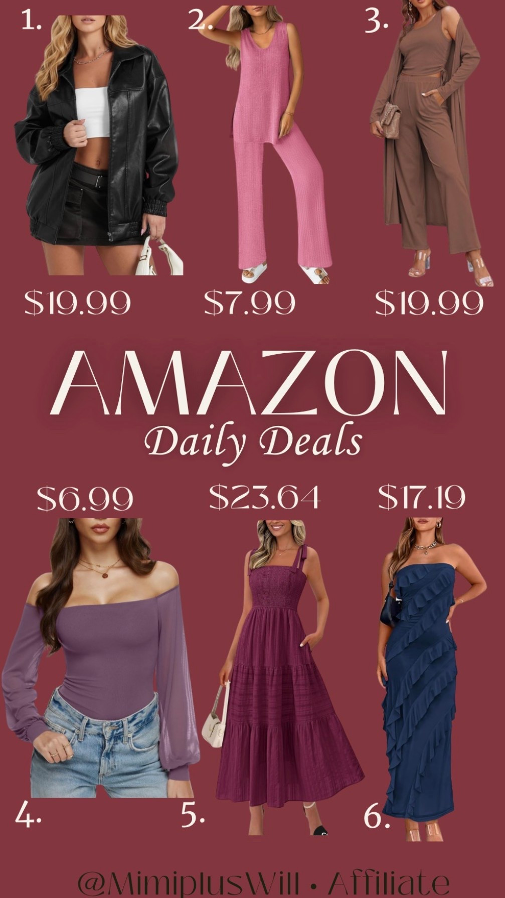Amazon daily deals! Use the codes listed below for a limited time! 

1. BAGZGQ9T
2. 7X7N5UUK
3. HWCM4MWF
4. WWD4J2ZG
5. 455K8X8I
6. 50FP8TWB

Amazon | deals | matching set | dress | vacation outfit | datenight top | leather jacket 
Follow @mimipluswill for mors$

#LTKSaleAlert #LTKFindsUnder50 #LTKPetite