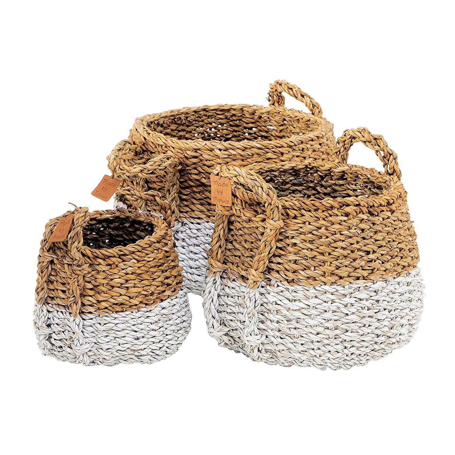 Two-toned Handwoven Belly Baskets, Set of 3, White Bottom Accents, Chunky Weave, Natural, 17.75, ... | Walmart (US)