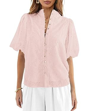 Lazysmile Summer Boho Tops for Women Short Sleeve V Neck Button Down Hollow Out Lace Embroidered ... | Amazon (US)