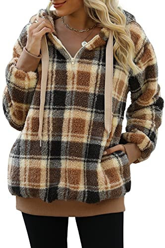 ReachMe Womens Oversized Sherpa Hoodie with Pockets Brown Plaid Fuzzy Hoodies Womens Gifts for Christmas(B3 Brown,L) | Amazon (US)