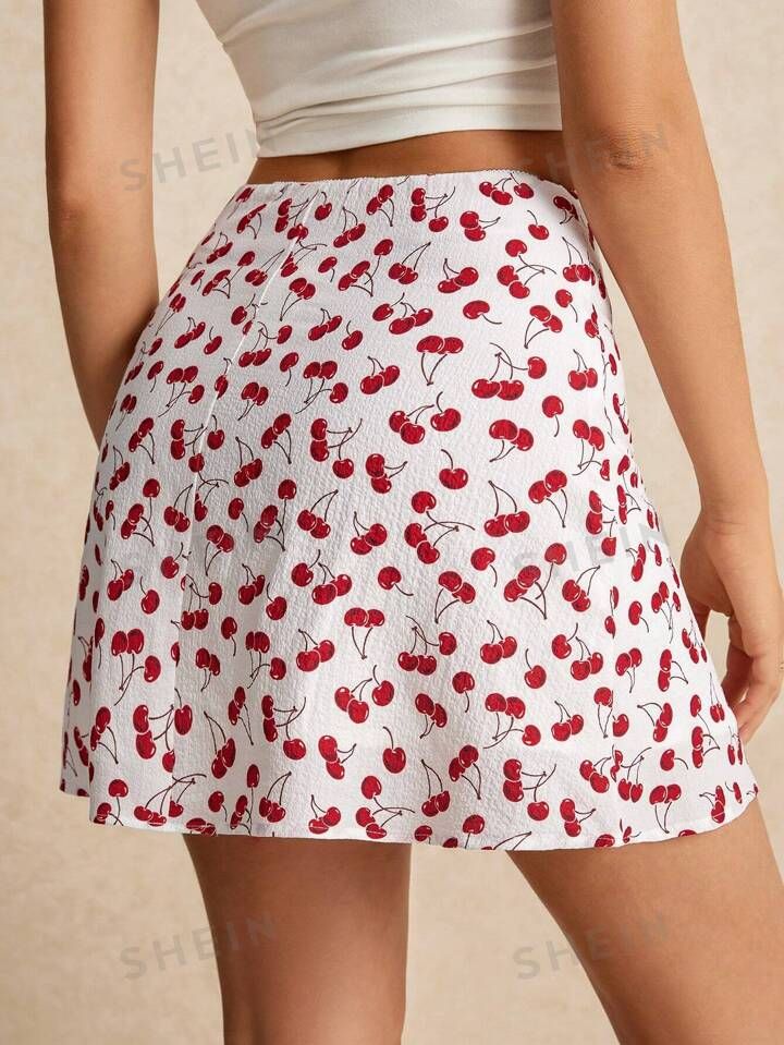 SHEIN Frenchy Slim, Romantic And Elegant Little Cherry Skirt, Printed Lace Trim Tight Skirt, Cher... | SHEIN