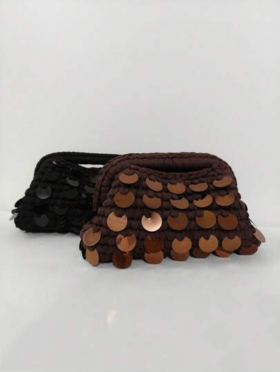 New Arrival Small Sequin Crochet Clutch Bag, Shiny Sequin Decor, Handmade, Evening Bag, Holiday M... | SHEIN