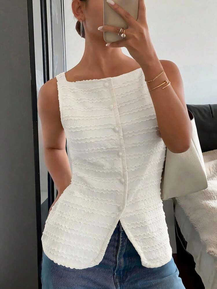 Siren Gaze Women Square Collar Open Placket Buttons Sleeveless Textured Horizontal Stripes Elegant Blouse,Cinched Waist Fitted Top,Commute Minimalist Office Old Money Blouset,Simple Women Tops,Suitable For Spring, Summer And Autumn Casual | SHEIN