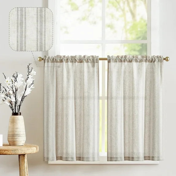 Curtainking Striped Kitchen Curtains Linen Cafe Curtains Semi-Sheer Farmhouse Tier Curtains 26x36... | Walmart (US)