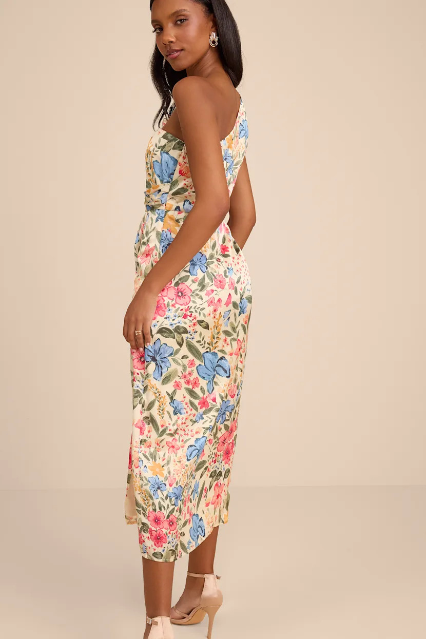 Rhema Cream Multi Floral Print Satin Midi Dress | Lulus