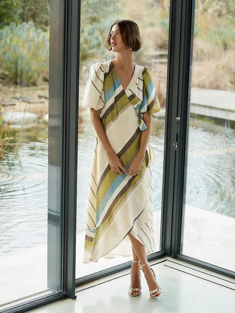 Ecru/Green Stripe Puff Short Sleeve Wrap Occasion Midi Dress | Next US