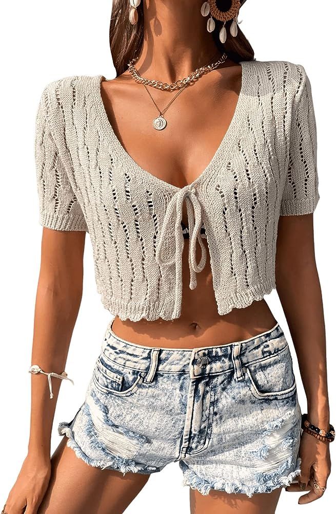 SweatyRocks Women's Short Sleeve Tie Front Knitted Cardigan Open Front Shirts Crop Top | Amazon (US)