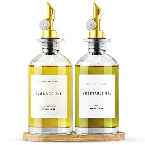 Olive Oil Dispenser Bottle with Bamboo Tray, GIXSEGIE Oil and Vinegar Dispenser Set w.Metal Pour Spout, Coffee Syrup Dispenser, Olive Oil Cruet Cooking Oil Dispenser, Oil Container Bottles for Kitchen | Amazon (US)
