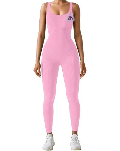 AURUZA Jumpsuit for Women Workout Seamless Jumpsuits Yoga Ribbed One Piece Tank Tops Rompers Sleeveless Exercise Jumpsuits, Pink, Medium | Amazon (US)