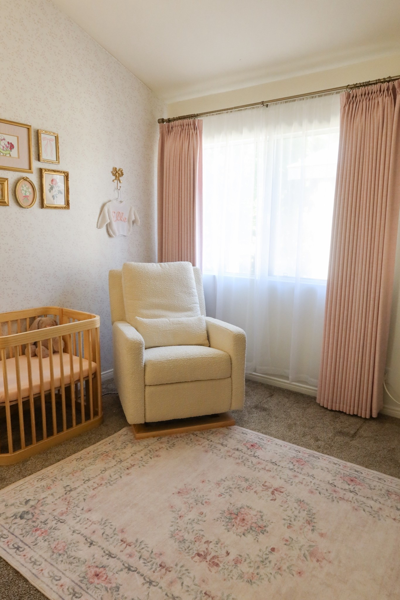 Baby girl nursery | vintage pink rug, white lounge recliner chair, baby crib

#LTKHome #LTKBaby