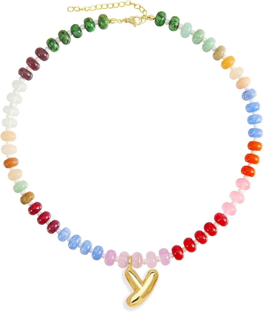 Elegant Boho Colorful Beaded Necklace with Gold Bubble Letter A-Z Pendant,Handmade Trendy Summer ... | Amazon (US)