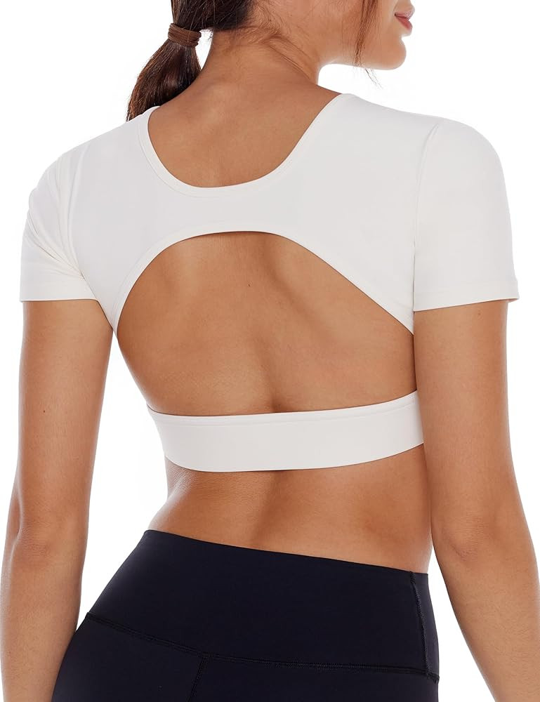 Open Back Workout Crop Tops for Women Backless Yoga Shirts Gym Short Sleeve Mild Support Compress... | Amazon (US)