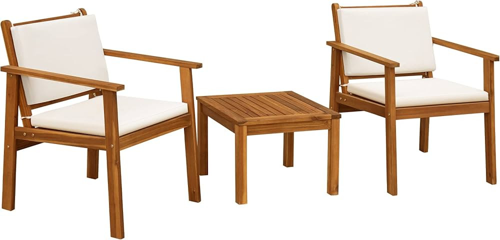 Flamaker Patio Chairs 3 Piece Acacia Wood Patio Furniture with Coffee Table & Cushions Outdoor Co... | Amazon (US)