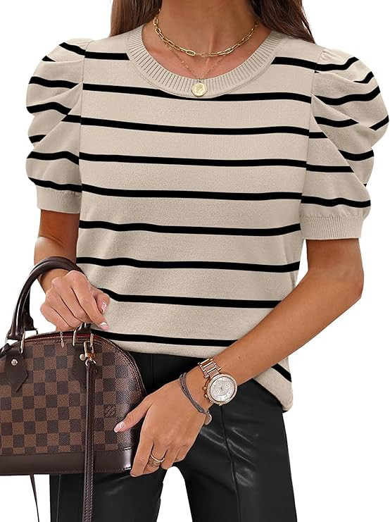 SAMPEEL Short Puff Sleeve Sweaters for Women Knit Tops 2026 Trendy Crewneck Striped T Shirts Casu... | Amazon (US)