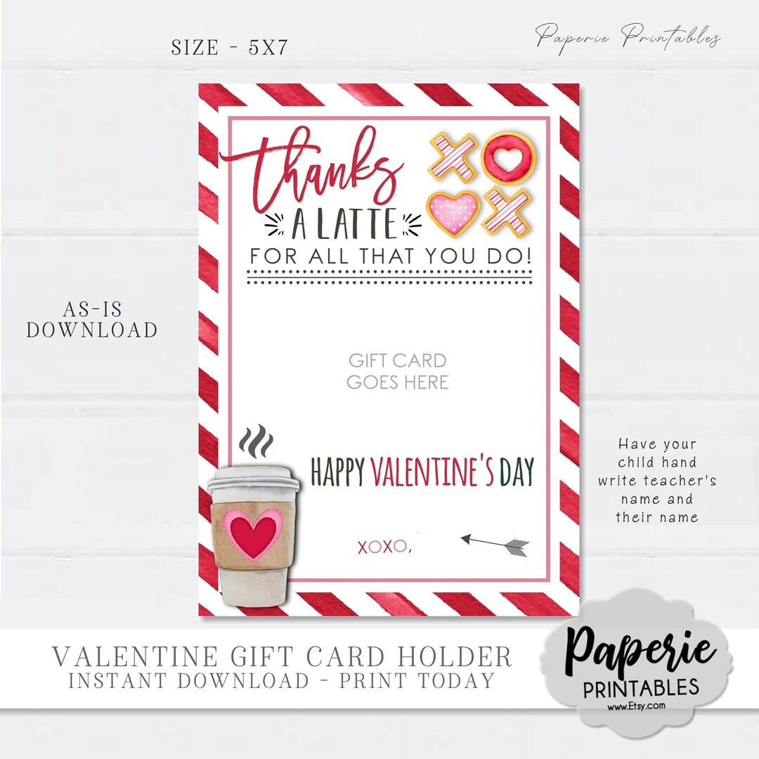 Valentine's Day Teacher Gift Card Holder, Thanks a LATTE Gift Card Printable, Employee Appreciati... | Etsy (US)