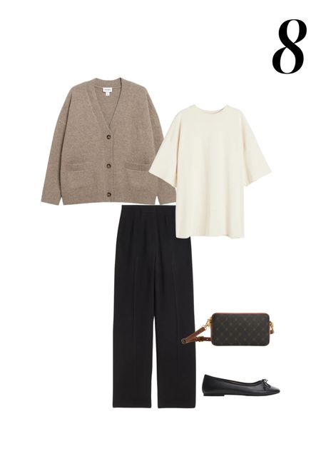 Styling black tailored trousers with a cream t shirt, beige/brown cardigan, brown printed crossbody bag and black ballerina pumps 

#LTKstyletip