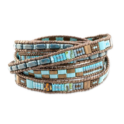 Handcrafted Guatemala Brown and Blue Beaded Wrap Bracelet | NOVICA