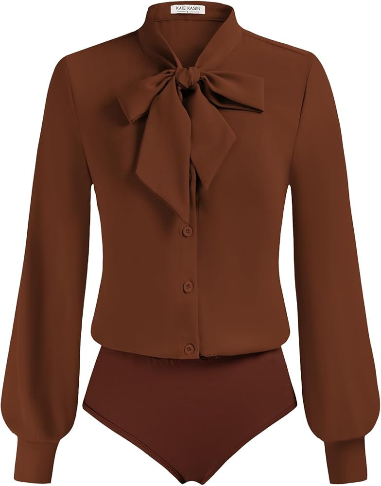 Kate Kasin Women Bow Tie Neck Office Blouse Button Down Long Sleeve Bodysuits Blouse Top | Amazon (US)