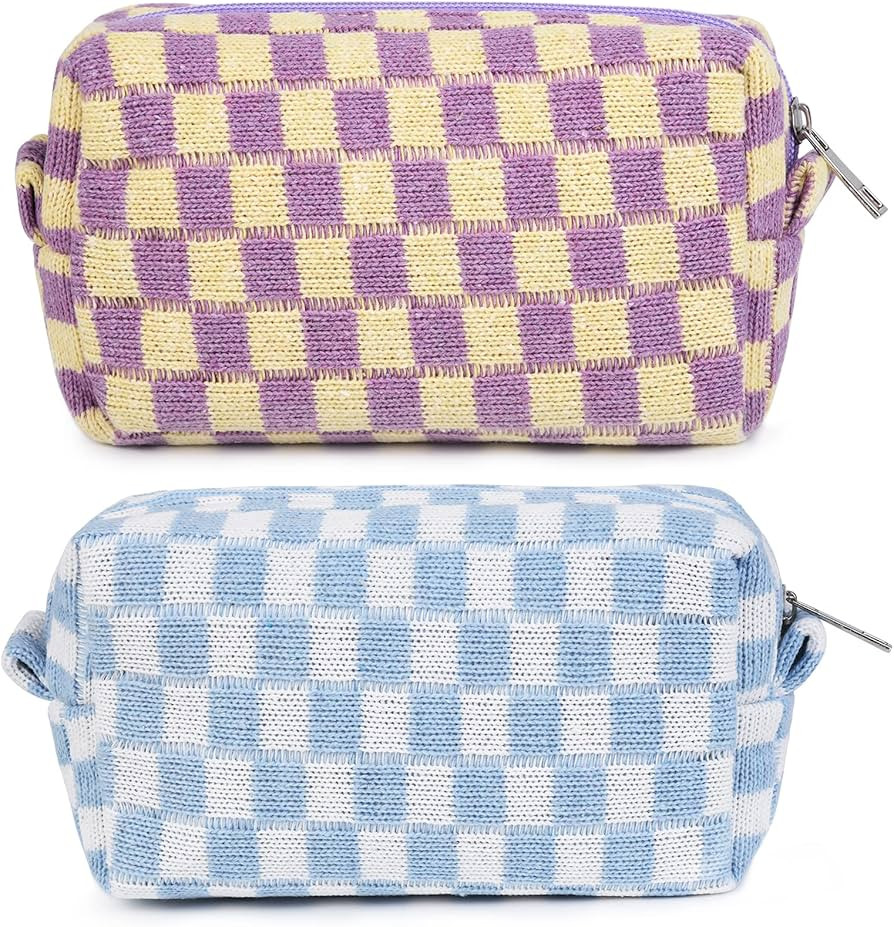 SOIDRAM 2 Pieces Makeup Bag Checkered Cosmetic Bag Purple Blue Makeup Pouch Travel Toiletry Bag O... | Amazon (US)