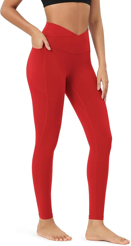 ODODOS Cloud Feeling Gathered Cross Waist Leggings with Pockets for Women 25" / 28" Crossover Lou... | Amazon (US)