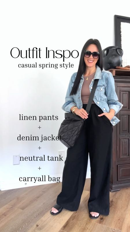 Outfit inspo - casual spring style.

Sizing;
Denim jacket-small
Linen pants-medium
Tank-small

Casual look | vacation outfit | travel outfit | linen pants | Target style | Amazon bag | black quilted bag | 

#LTKFind #LTKunder50 #LTKstyletip