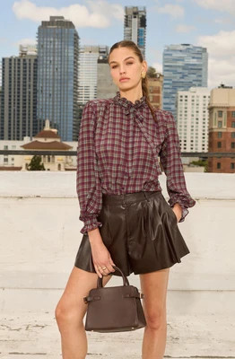 ASTR the Label | Alyssa Plaid Ruffle-Collar Blouse in Eggplant plaid |  Size XS | ASTR The Label (US)