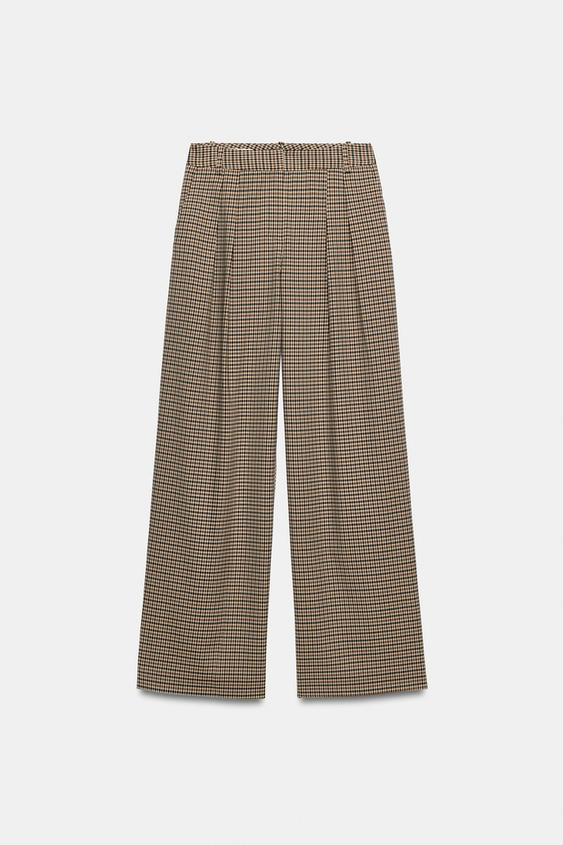 Zara - Wide-Leg Houndstooth Pants - Taupe Brown - L - Woman | Zara Canada