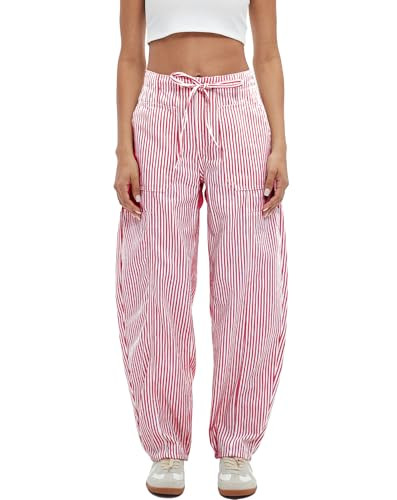 Striped Pants Women Loose Mid Rise Stripe Barrel Jeans Casual Wide Leg Denim Trouser with Drawstring | Amazon (US)
