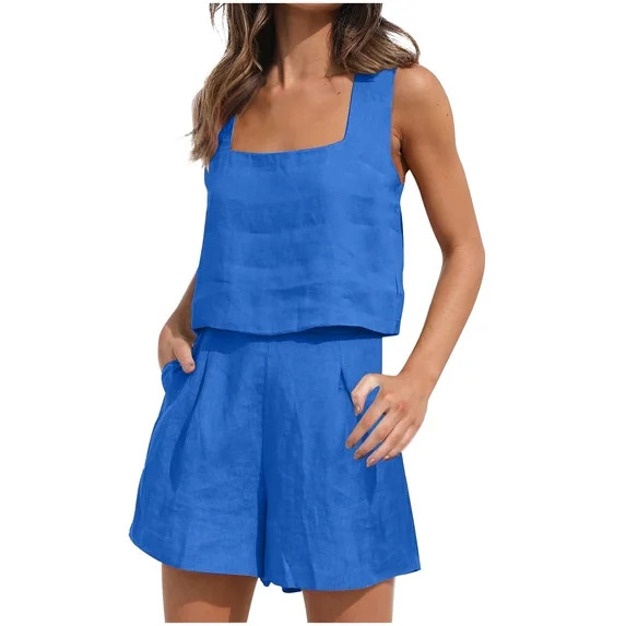Linen Sets for Women 2 Piece Summer Outfits Casual Crop Tank Tops with Short Pants Tracksuits Lou... | Walmart (US)