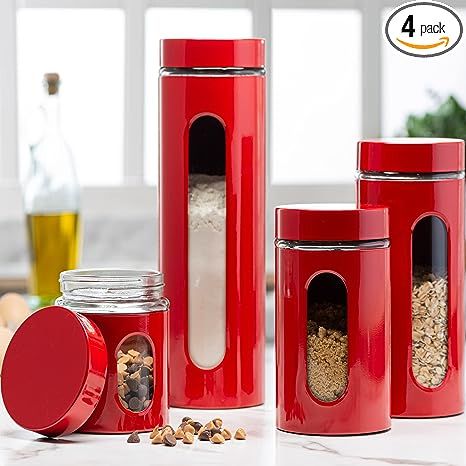Quality Modern Red Stainless Steel Canister Set for Kitchen Counter with Glass Window & Airtight ... | Amazon (US)