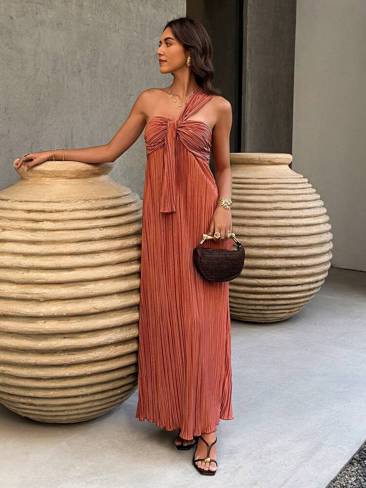 Doriss High-End Brown Pleated Bodycon Dress, Elegant Suitable For Vacation, Spring/Summer, Palace... | SHEIN