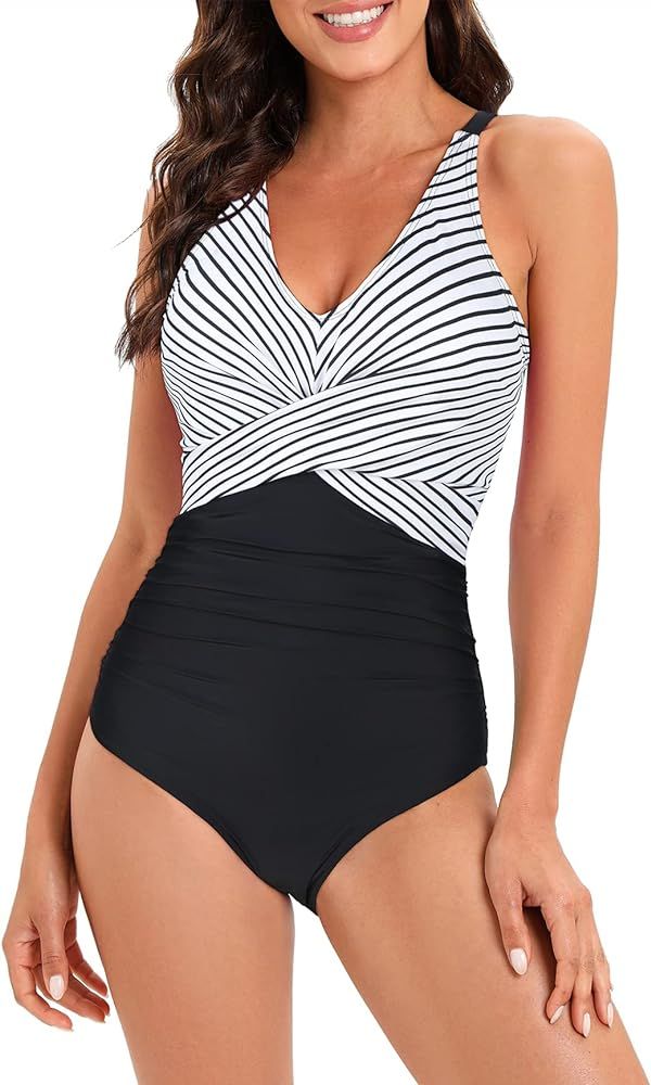 American Trends Swimsuit Women One Piece Tummy Control Bathing Suit for Women Modest V Neck Swimw... | Amazon (US)