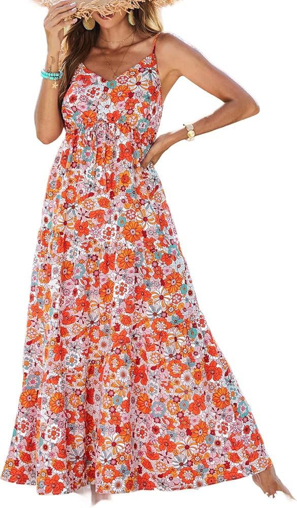 Dokotoo Summer Dress Casual Womens Boho Dress Sleeveless Printed Long Tiered Maxi Dress Beach Dre... | Amazon (US)