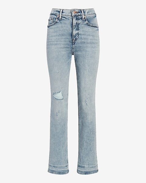 High Waisted Light Wash Ripped Straight Jeans | Express