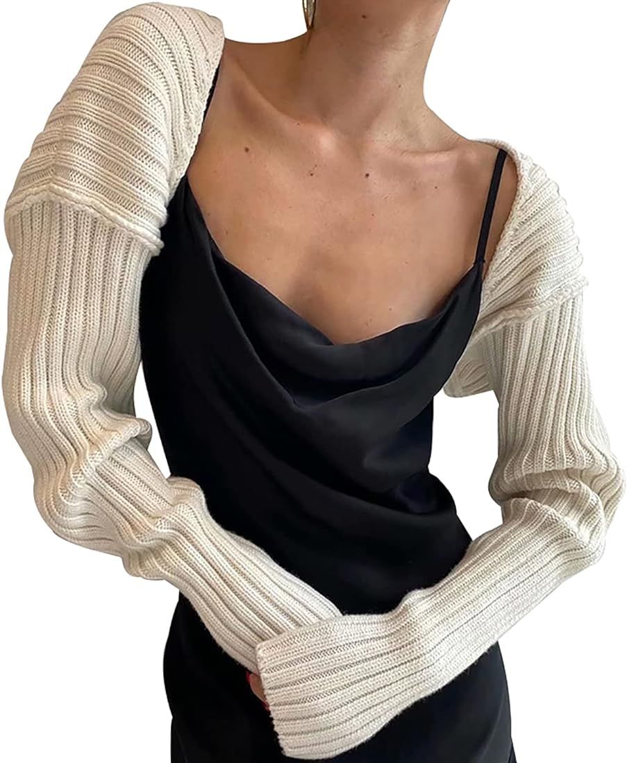 Women Y2K Open Front Rib Knit Shrug Crop Cardigan Solid Drop Shoulder Puff Long Sleeve Sweater To... | Amazon (US)