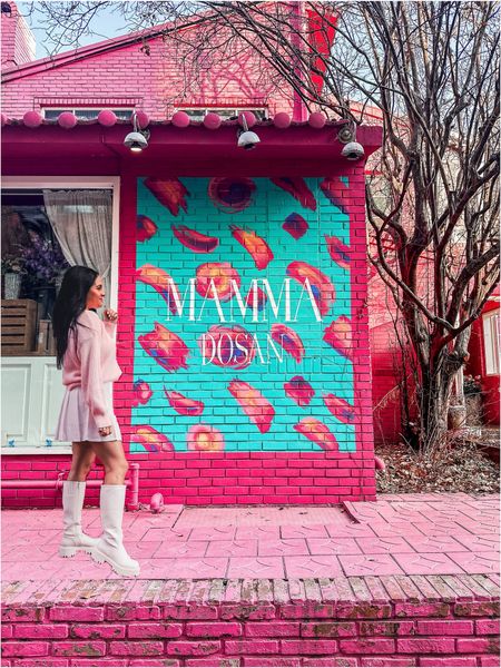 Mama dosan cafe . Mamamia cafe. Seoul. Korea. Pink. Pink outfit. Tennis skirt. White skirt. White boots. Pink sweater. 

#LTKSeasonal #LTKtravel #LTKAsia