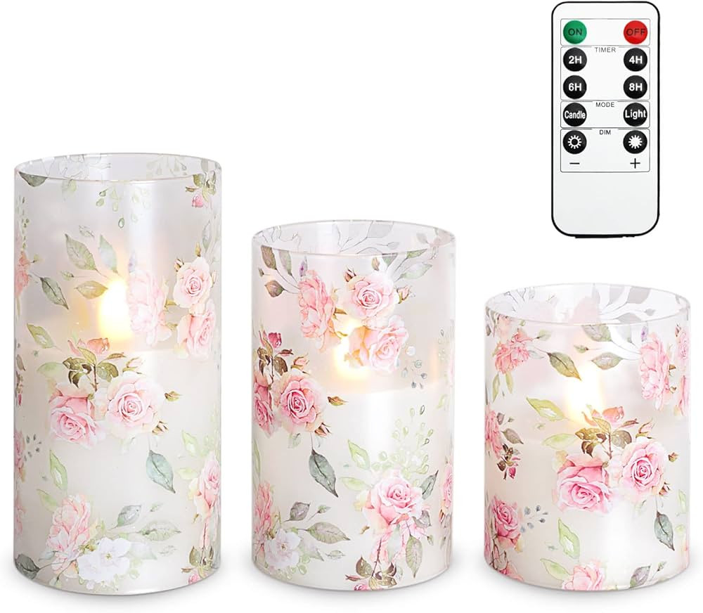 MELTONE Rose Flameless Pillar Candles Remote Love Theme Pink Flower Decal Glass Tumbler LED Candl... | Amazon (US)