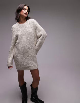 Topshop knit boucle crew neck mini dress in oat | ASOS (Global)