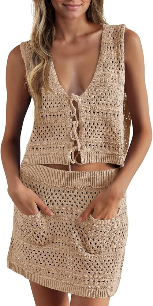 Saodimallsu Womens Crochet Swim Cover Up 2 Piece V Neck Sleeveless Front Tie Crop Tops Beach Mini... | Amazon (US)