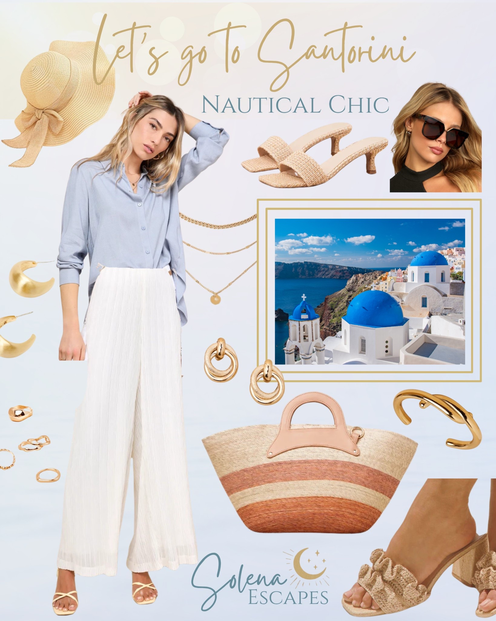 “Nautical, but make it chic.
Crisp whites, soft blues, and a touch of gold—this Santorini-inspired look channels island elegance with an effortless edge. Perfect for breezy strolls along the caldera or sailing into the sunset. Tap to shop your nautical daydreams.
#SantoriniStyle 
#NauticalChic 
#SolenaEscapes
#Vacation
#SummerStyle
#WhitePants
#sunhat
#strawpurse
#rattansandals
#goldjewelry

#LTKItBag #LTKTravel #LTKFindsUnder100