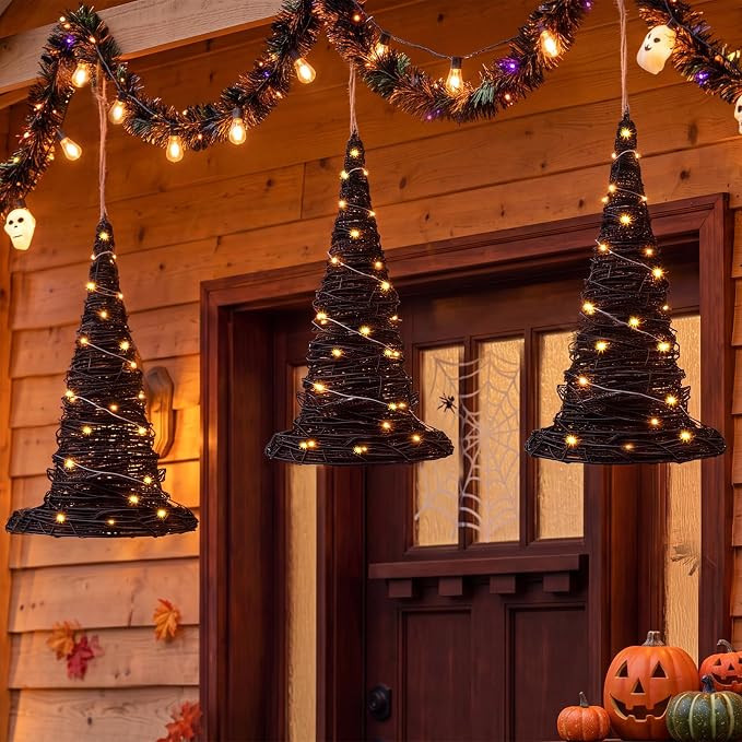 Jenaai 3 Pack Halloween Rattan Hanging Witch Hat Decor with LED String Lights, Rustic Black Woven... | Amazon (US)